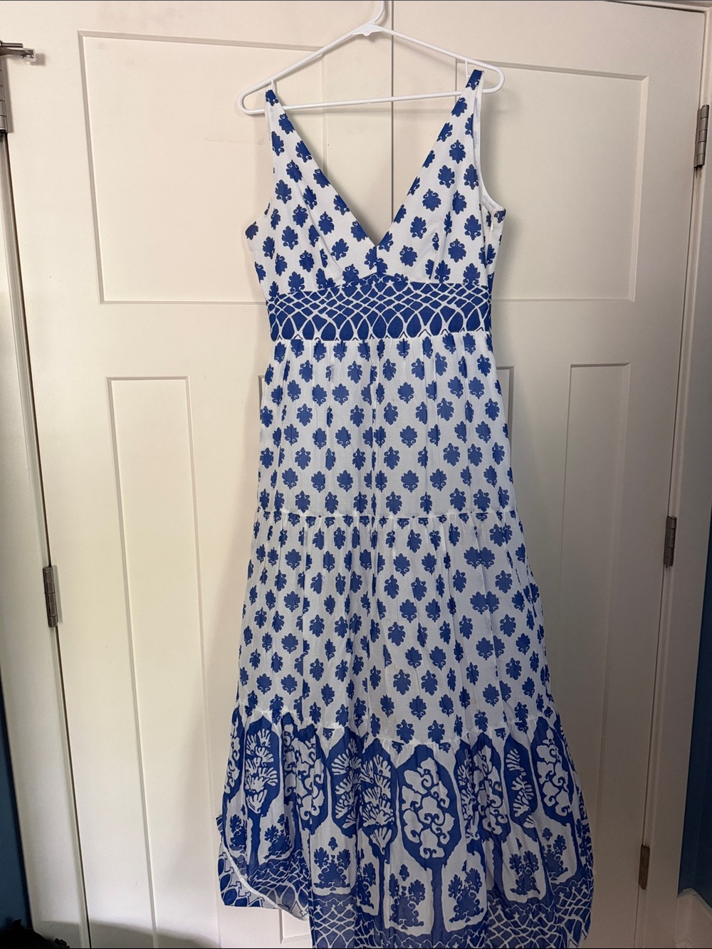J. Crew White Maxi Dress with Blue Floral Print